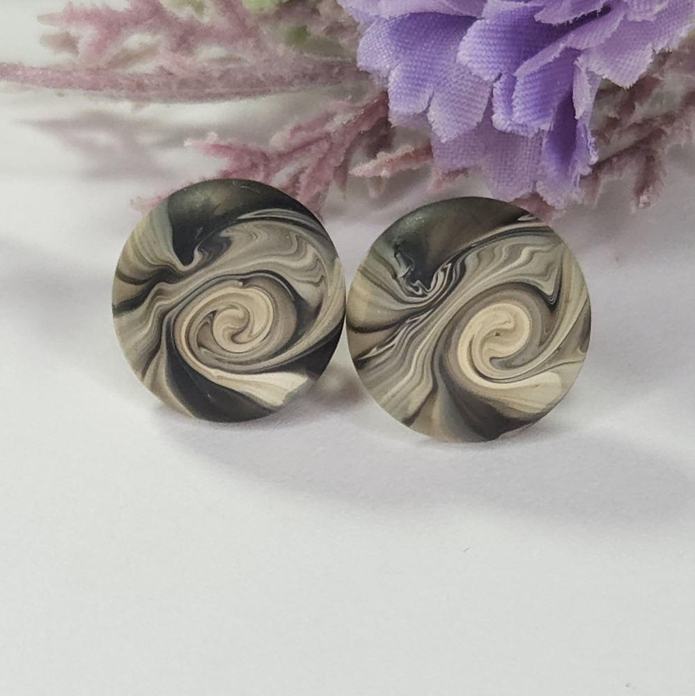 White Silver & Black Swirl Resin Gold Plated Post Earrings - Picture 8 of 9